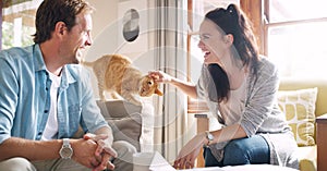 Hes stubborn just like you. an affectionate young woman laughing with her husband while petting her cat in their living