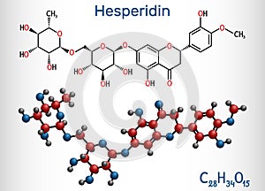 Hesperidin, C28H34O15, flavonoid molecule. It is flavanone glycoside, drug for treatment of venous disease. Structural chemical