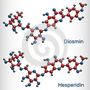 Hesperidin, diosmin, flavonoid molecule. Flavanone glycoside, drugs for treatment of venous disease. Structural chemical formula