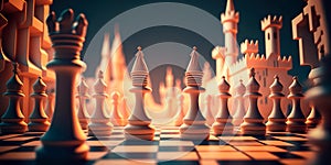 Ð¡hess figure in competition success play. strategy, management or leadership concept . Town background