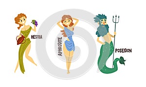 Hestia, Aphrodite, Poseidon Olympian Greek Gods Set, Ancient Greece Mythology Vector Illustration