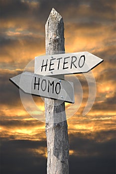 Hetero or homo signpost - signpost with two arrows photo