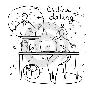 Heterosexual couple chatting online during pandemic. Man and woman flirting online on dating site. Virtual dating