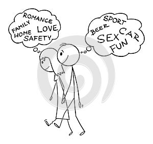 Heterosexual Couple and Different Life Expectations , Vector Cartoon Stick Figure Illustration