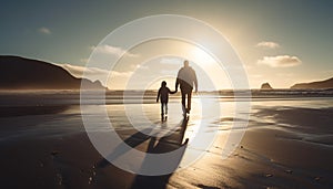 Heterosexual couple holding hands, walking on sand, enjoying sunset together generated by AI