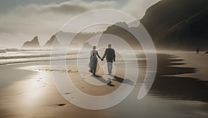 Heterosexual couple walking on the beach, holding hands at sunset generated by AI