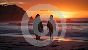 Heterosexual couple walking on the beach, holding hands at sunset. generated by AI