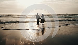 Heterosexual couple walking on beach at sunset generated by AI