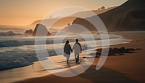 Heterosexual couple walking on the beach at sunset, holding hands generated by AI