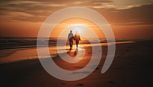 Heterosexual couple walking on the sand, holding hands at sunset generated by AI