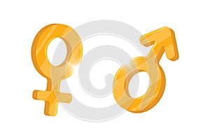 Heterosexual gender symbol mars and venus gold icons. Male and female vector sign. Isolated man and woman sex pictogram