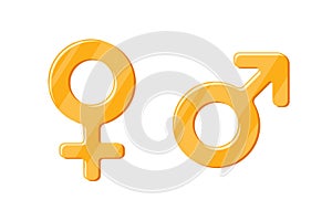 Heterosexual gender symbols mars and venus gold icons. Male and female vector golden signs. Isolated man and woman sex