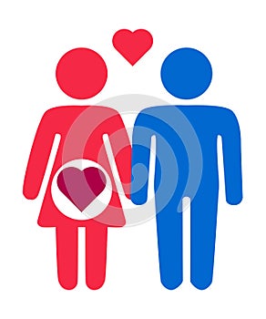 Heterosexual romantic date. Man and woman with heart shape above. Vector line symbol