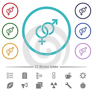 Heterosexual symbol flat color icons in circle shape outlines