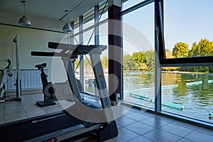 Heviz, Hungary - September 27, 2018: Gym with exercise machines on balneological therapeutic lake Heviz in Hungary