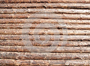 Hewed wall of modern log house from outside, wooden surface