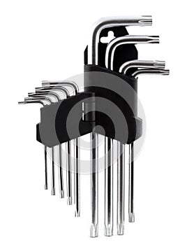 Hex Wrench key set in black socket isolated on white background. It& x27;s a screwing tool known as imbus