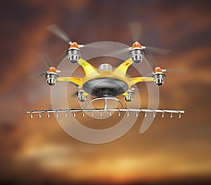 Hexacopter with crop sprayer flying in the sunset sky photo