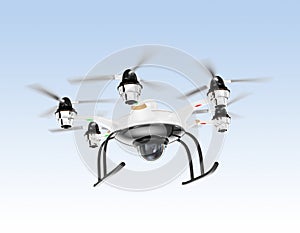 Hexacopter drone with security camera hovering in the sky