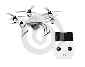 Hexacopter and remote controller isolated on white background.