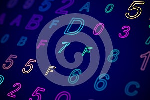 Hexadecimal code on digital computer screen.
