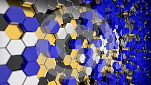 Hexagon abstract pattern. Honeycomb shape colorful decorative ceramic tiles on wall. 3d rendering