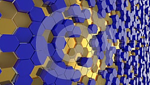Hexagon abstract pattern. Honeycomb shape colorful decorative ceramic tiles on wall. 3d rendering