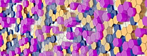 Hexagon abstract pattern. Honeycomb shape colorful decorative ceramic tiles on wall. 3d rendering