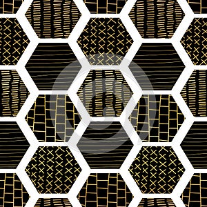 Hexagon abstract seamless geometric vector pattern. Repeating background with gold foil texture hexagon shapes black on white hand