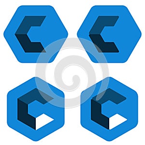 Hexagon c logo in different positions. Three dimensional