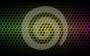 Hexagon game background. Dark technology wallpaper with color gradient. Abstract tech texture. Modern neon cells