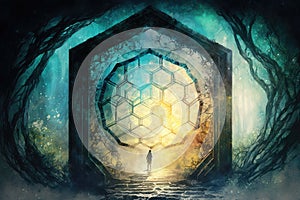 Hexagon gate into a magical fairy world. Abstract dimensions design. Colorful portal in the enchanted woods.