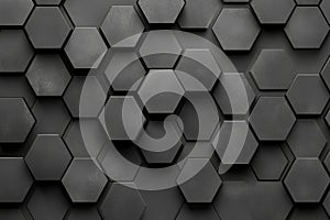 Hexagon geometry background, dark grey background. Generative AI.