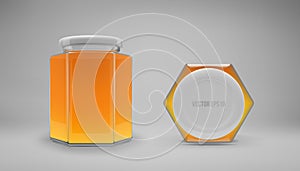 Hexagon glass honey jar with a lid. Realistic 3D illustration. Vector