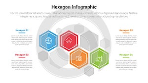 hexagon or hexagonal honeycombs shape infographics template diagram with creative timeline up and down with 4 point step creative