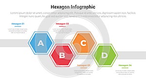 hexagon or hexagonal honeycombs shape infographics template diagram with timeline up and down horizontal direction with 4 point