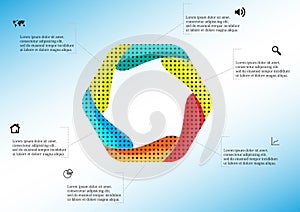Hexagon infographic template created by six curved elements