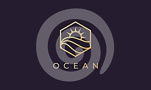 Hexagon logo with ocean wave from line and sun in a simple and modern shape