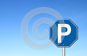 Hexagon parking sign with blue sky