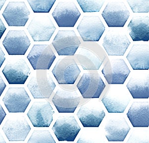 Hexagon pattern of blue colors on white background. Watercolor seamless pattern