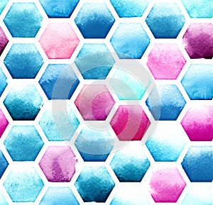 Hexagon pattern of blue and magenta colors on white background. Watercolor seamless pattern