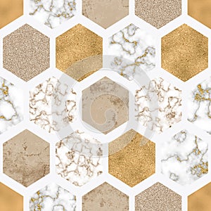 Hexagon seamless pattern with digital marble paper, shiny gold foil, silver glitter texture