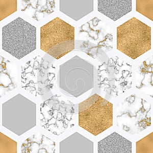 Hexagon seamless pattern with digital marble paper, shiny gold foil, silver glitter texture