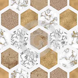 Hexagon seamless pattern with digital marble paper, shiny gold foil, silver glitter texture