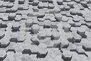 Hexagon Shaped Concrete Blocks Wall Background. Perspective View. 3D Illustration