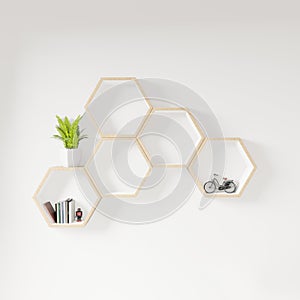 Hexagon shelf books and plant decoration interior design