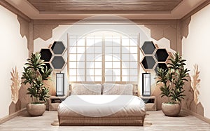 Hexagon Shelf wooden style on wall Bedroom japanese style with plants and lamp decoration on wooden floor.3D rednering