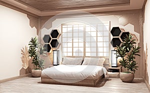 Hexagon Shelf wooden style on wall Bedroom japanese style with plants and lamp decoration on wooden floor.3D rednering