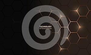 Hexagon technology black and gold colored honeycomb abstract background.