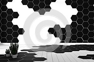 Hexagon tile color black and white hardwood floor - minimal. 3d rendering